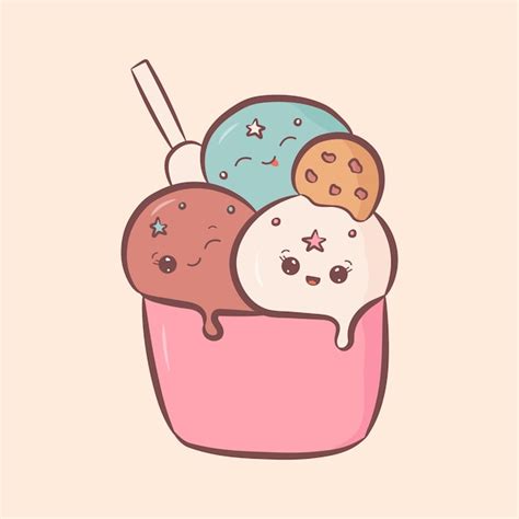 Lindo Helado En Una Taza En Estilo Kawaii Comida De Verano Con Caras