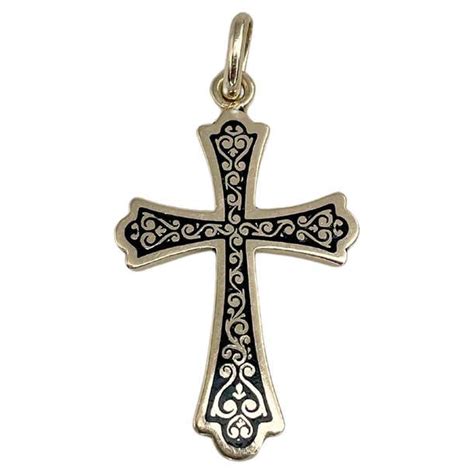 Victorian 14 Karat Gold Black Enamel Ornament Small Cross Pendant For