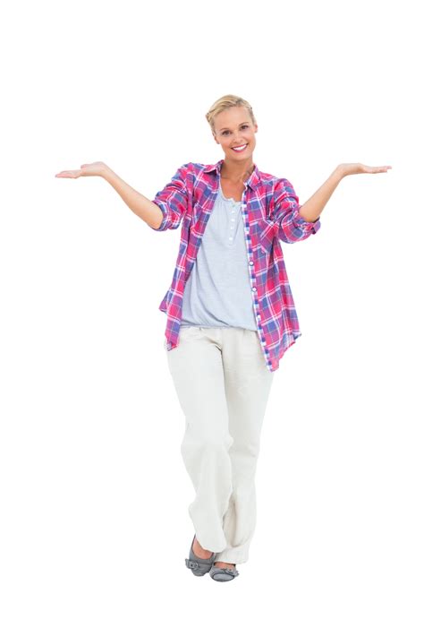 Blonde Woman Standing With Arms Open Tied Hair Confused Woman Cheerful PNG Transparent Image