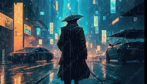 Rainy Nighttime dystopian art in the style of cyberpunk desktop ...