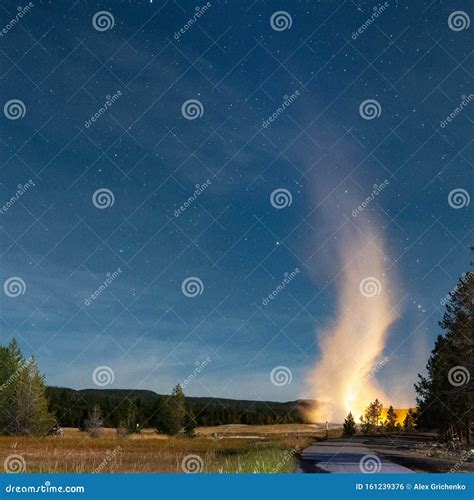 Eruption of Old Faithful Geyser at Yellowstone National Park at Night ...