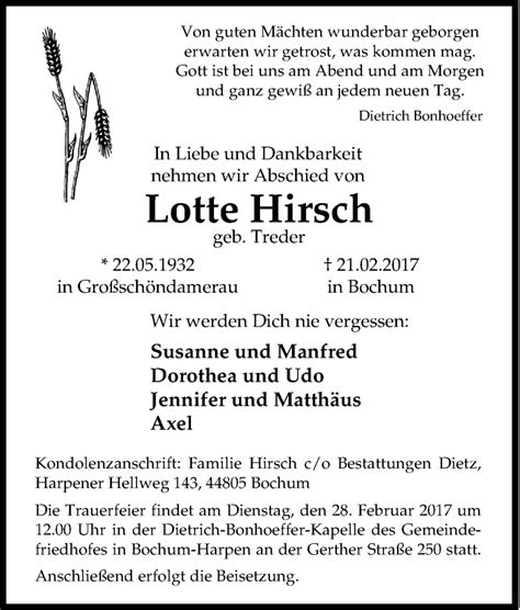 Traueranzeigen Von Lotte Hirsch Trauer In Nrw De