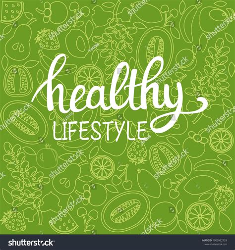 Healthy Lifestyle Poster with Hand Drawn Fruits on Green Background