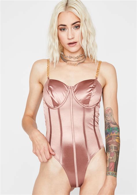 Satin Chain Strap Bodysuit Pink Dolls Kill