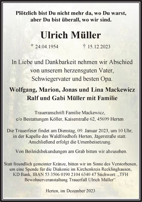 Traueranzeigen von Ulrich Müller sich erinnern de