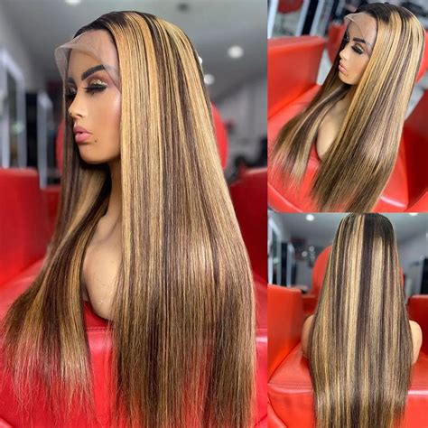 Honey Blonde Body Wave Highlight Lace Front Human Hair Wigs Pre Plucked Synthetic Wig For Women