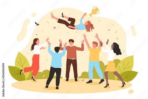 Vektorová Grafika „team Of People Tossing Happy Person Vector Illustration Cartoon Office