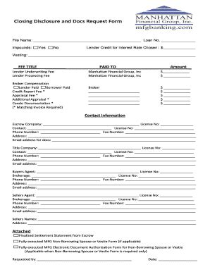 Fillable Online Closing Disclosure And Docs Request Form Mfg Banking