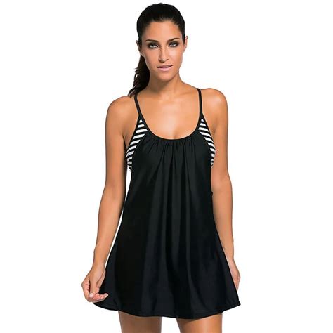 Without Pants Black String Strap Tankini Swim Top Bikinis Swim Dress