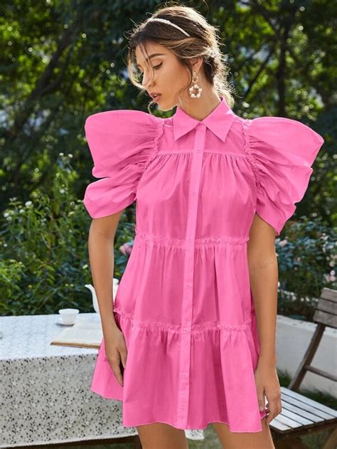 Shein Mod Babado Tubo Bainha De Ruffle Botões Na Frente Simples Fofo Vestido Shein Brasil