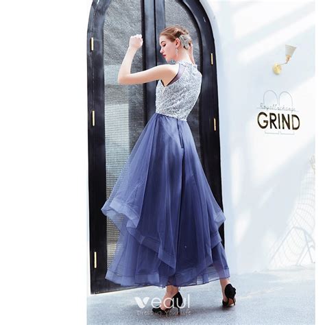 Charming Ocean Blue Evening Dresses 2019 A-Line / Princess High Neck ...