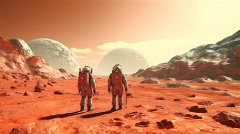 Exploring The Red Planet Astronauts On Mars Surveying The Terrain In 3d Rendering Background