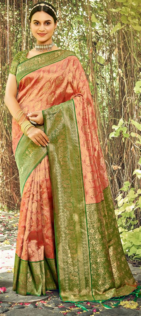 Traditional Wedding Beige And Brown Green Color Kanjeevaram Silk Fabric Saree 1919067