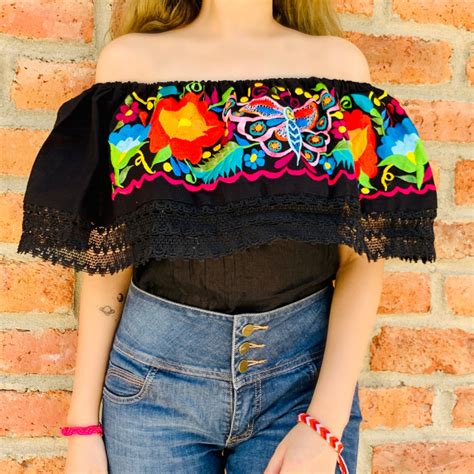 Rj00613 Blusa Campesina De Manta Color Negro Bordada A Maquina Dibujo