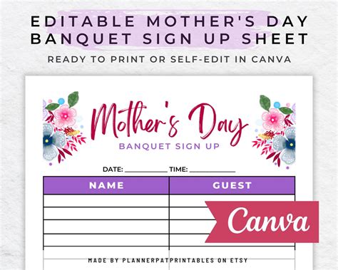 Mothers Day Banquet Sign Up Sheet Canva Editable Template Printable Etsy