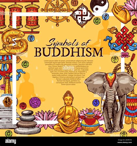 Buddhism Religious Symbols Poster Vector Sketch Design Of Golden