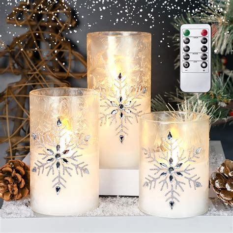 Immeiscent Christmas Flameless Candles Jeweled Snowflake Iced Glass Candle Led