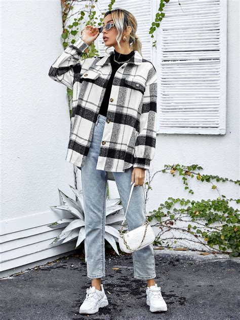 SHEIN LUNE Drop Shoulder Plaid Overcoat SHEIN USA