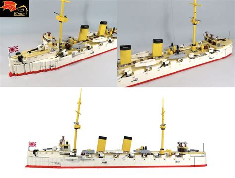 Two Pictures Of A Model Ship With Yellow And Red Trimmings On The Sides