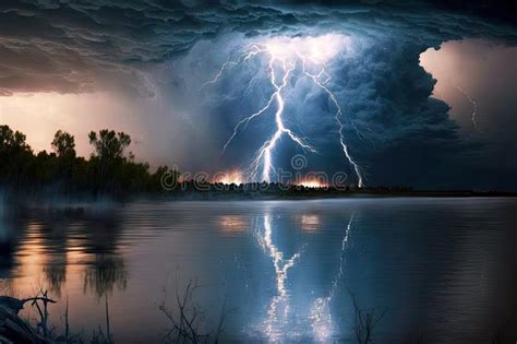 Thunderstorm On River With Lightning Natural Disaster Made With