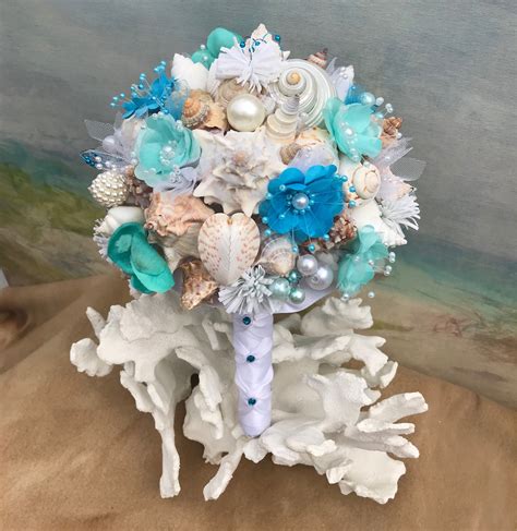 Blue Teal And Aqua Beach Bouquet Seashell Bouquet Bridal Bouquet