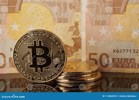 Bitcoin and euro banknote. stock image. Image of internet - 112868339