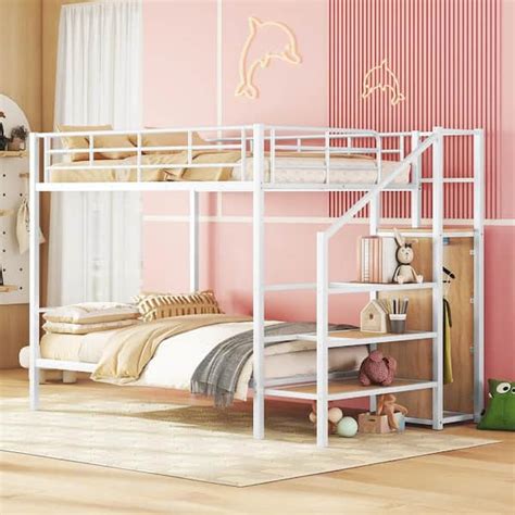 Harper Bright Designs White Full Over Full Metal Bunk Bed With Wood