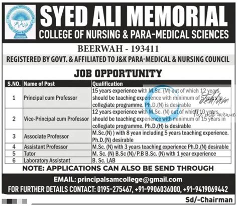 Syed Ali Memorial College Of Nursing And Para Medical Sciences Budgam Jobs 2023 Jehlum The