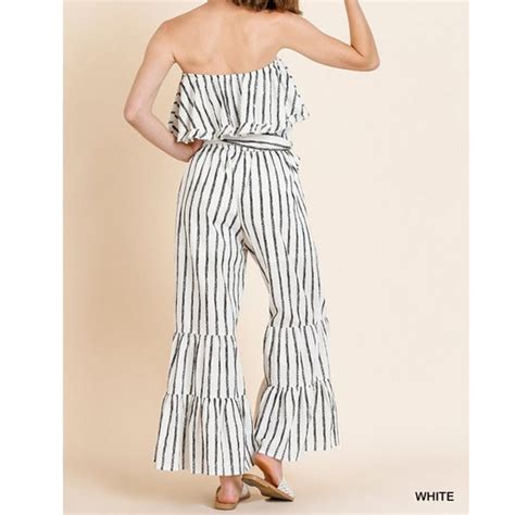 Umgee Pants Jumpsuits Striped Boho Ruffle Strapless Wide Leg