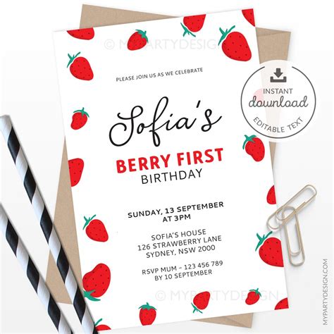 Strawberry Party Invitation Strawberry Birthday Invite My Party Design