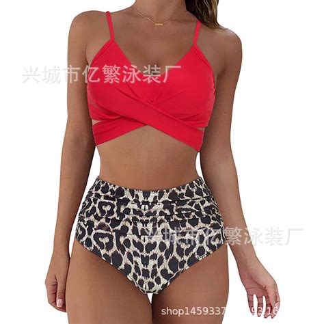 European American Bikini Swimsuit For Women Leopard Print Cross Beach High Waist Swimming Wear