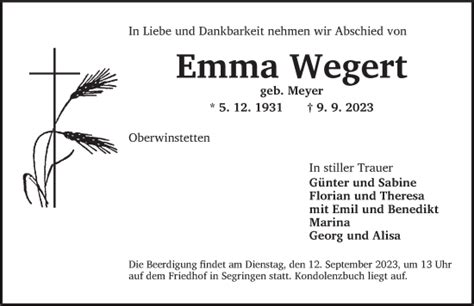 Traueranzeigen Von Emma Wegert Trauer Flz De