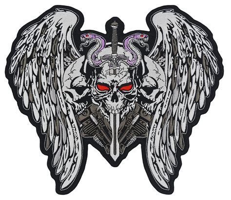 Buy V Twin Engine Triple Skull Red Eyes With Angel Wings Large Embroidered Motorcycle Jacket