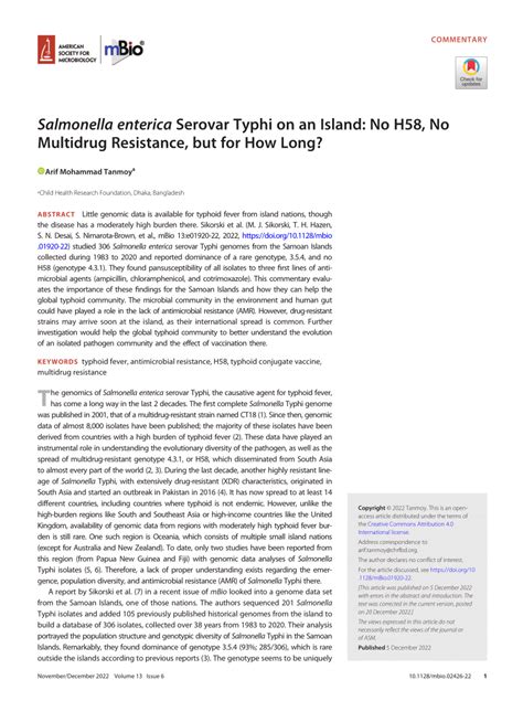 Pdf Salmonella Enterica Serovar Typhi On An Island No H58 No