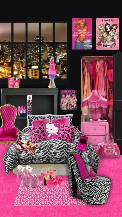 A Bedroom Decorated In Pink And Black With Zebra Print Bedding