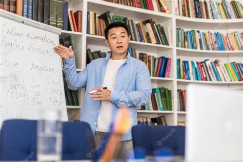 Premium Photo Chinese Teacher Pointing At Whiteboard Having Online