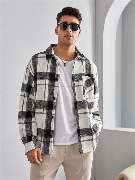 Homens Sobretudos Xadrez Corrigido Bolso Ombro Ca Do Tweed Plaid