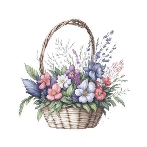 Watercolor Illustration Of A Wicker Basket With Flowers Of A Wicker Basket With Flowers On A