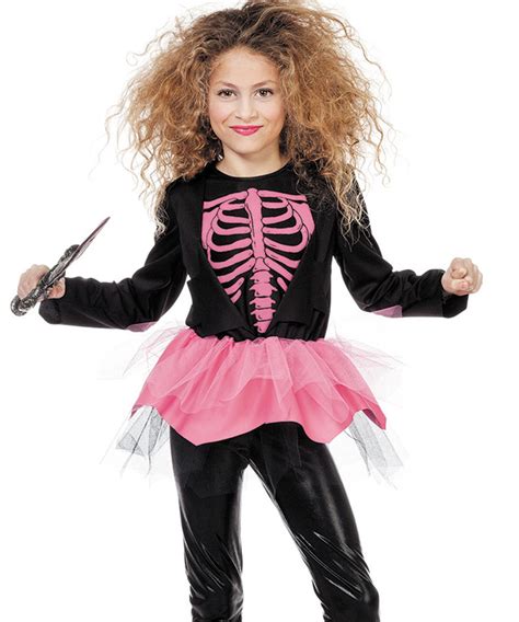 Horror Kostüm Kinder Skelett Kleid Mädchen schwarz pink