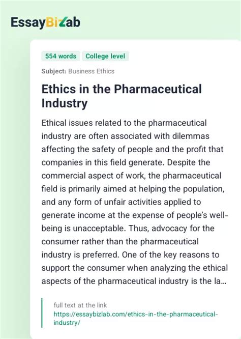 Ethics in the Pharmaceutical Industry | Business Essay Example