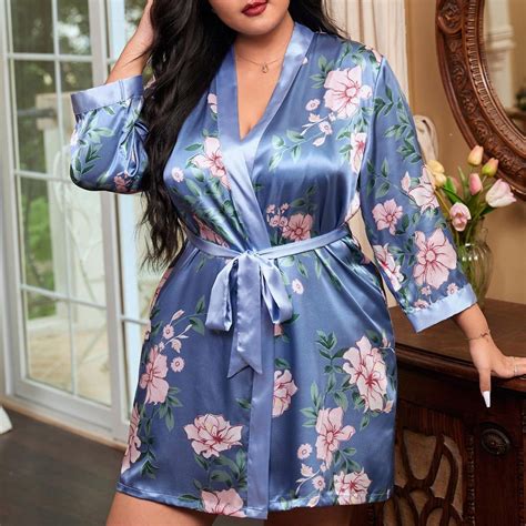 Womens Soft Pajama Clearance Bathrobes Printed Sexy Silk Satin Plus