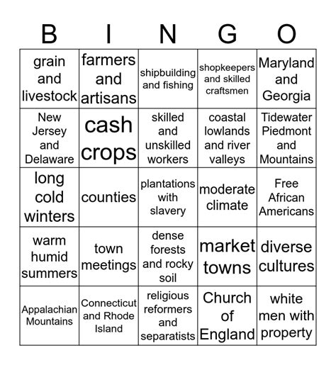 Colonial Regions Bingo Card