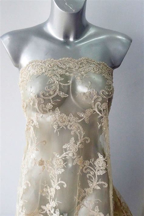 Nude Beaded Bridal Lace Fabric Gold Beige Bridal Lace Beige Etsy