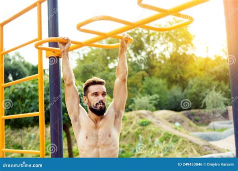 Athletic Man With Black Beard And Naked Torso Training Stock Photo Image Of Park Athletic