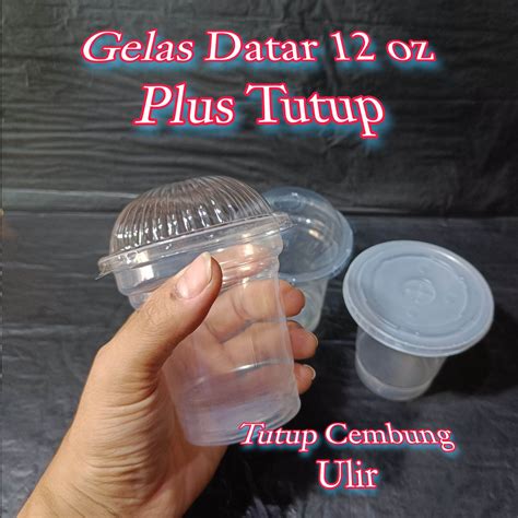 Gelas Plastik Datar Ukuran 12 Oz PLUS Tutup CEMBUNG Isi 50 Cup