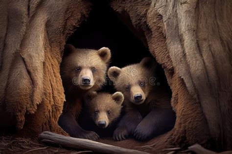 Bear Den With Baby Bear Cubs Peeking Out Of Their Den Stock Photo