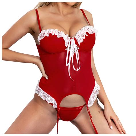 NEGJ Women S Santa Christmas Lingerie Set With Garter Belts Lace Teddy