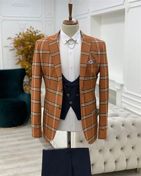 Buy Cinnamon Brown Slim Fit Peak Lapel Plaid Suit By GentWith