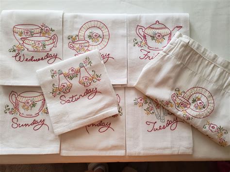 Hand Embroidered Flour Sack Towels Tea Towels Dish Towels 7 Days Of