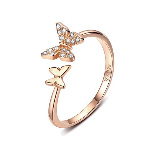 Leicare Adjustable Butterfly Ring Rose Gold Plated 925 Sterling Silver